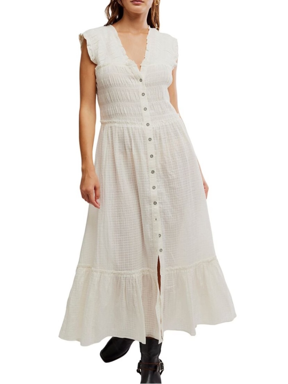 Free People Cream Button-Front Maxi Dress with Ruffle Hem
